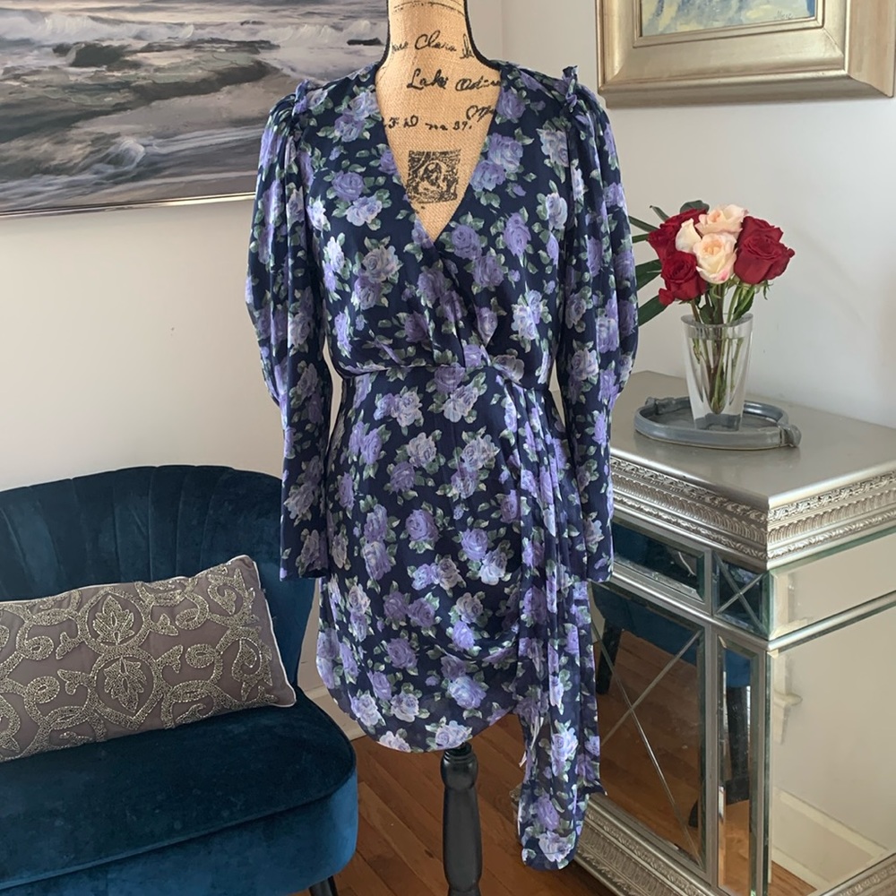 SAYLOR designer spring floral dress blue purple green puff sleeve coquette M 8